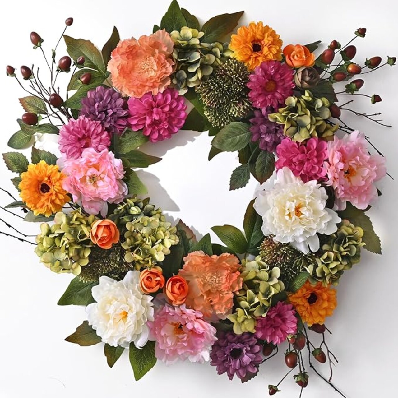 Spring Wreaths for Front Door, 22'' Summer Front Door Wreath with Daisy Flowers & Greenery Leaves, Pink Wreath for Indoor & Outside All Season